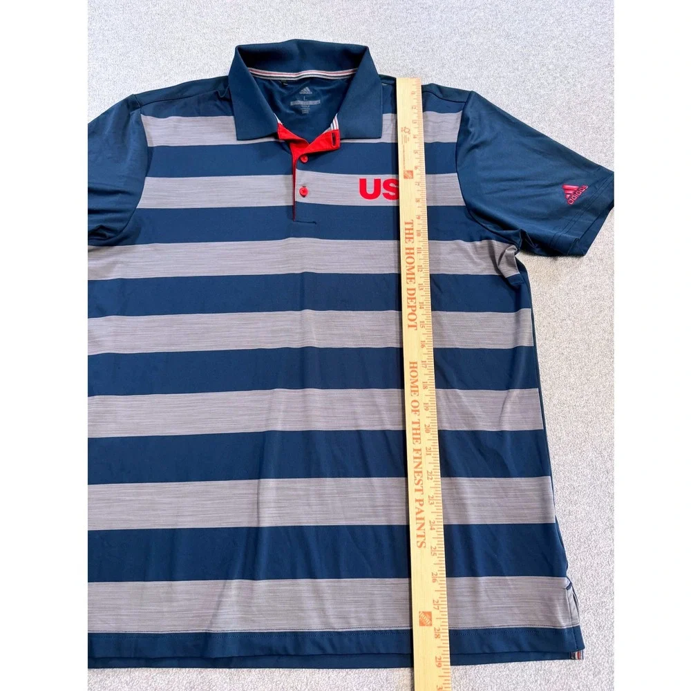 Adidas Golf Polo Shirt Mens Large Blue Gray Striped USA Performance Short Sleeve